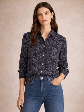 Vince Stretch Silk Polka Dot Blouse Black Buttondown XS